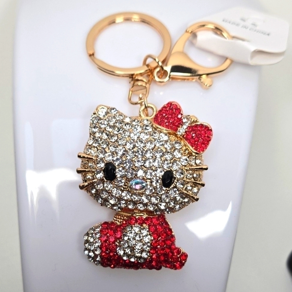 Hello Kitty Rhinestone Keychain Bright Red and Gold Tone